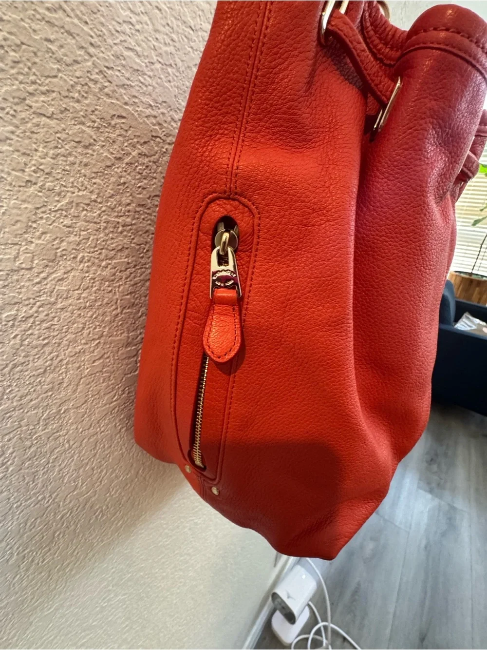 Coach Twist Lock Coral-Orange Pebbled Leather Drawstring Shoulder Bag